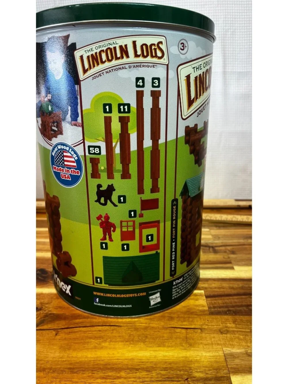 Lincoln Logs, made in the USA, includes can for storage, circa 2017